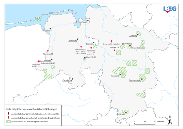 Bohrungen aus der aktuellen Liste möglicherweise nachnutzbarer Bohrungen, Stand 03/2024. Weitere Hinweise unter „Liste möglicherweise nachnutzbarer Bohrungen“ und „Geothermische Nachnutzung von Bohrungen“ (oben rechts).