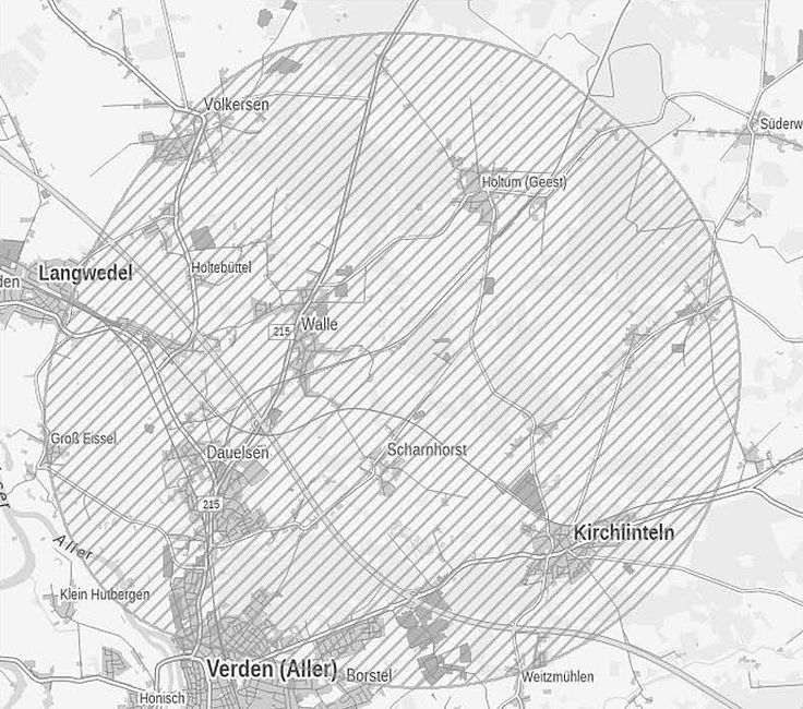 Karte, Einwrkungsbereich, seismische Ereignisse bei Kirchlinteln, 20. November 2019