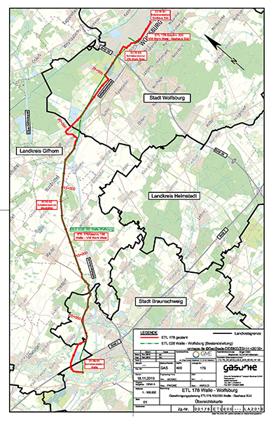 Verlauf, geplanten Erdgastransportleitung, Walle-Wolfsburg.