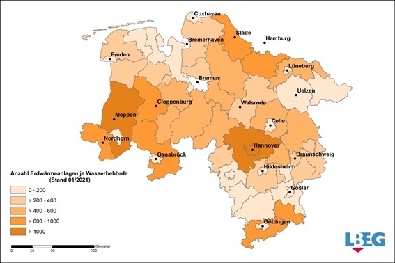 Anzahl der Geothermieanlagen nach Landkreisen (2021)