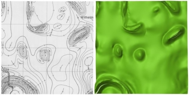 Basisfläche der Unterkreide: links als Isolinienplan aus BALDSCHUHN et al. 2001, rechts als Raumfläche des 3D-Modells mit 5-facher Überhöhung