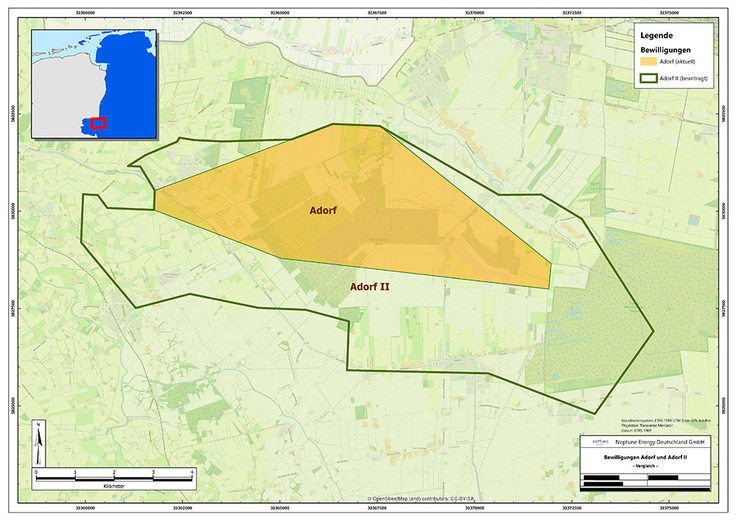 Lage und Ausdehnung des ursprünglichen Bewilligungsfeldes Adorf und des erweiterten Bewilligungsfeldes Adorf II.