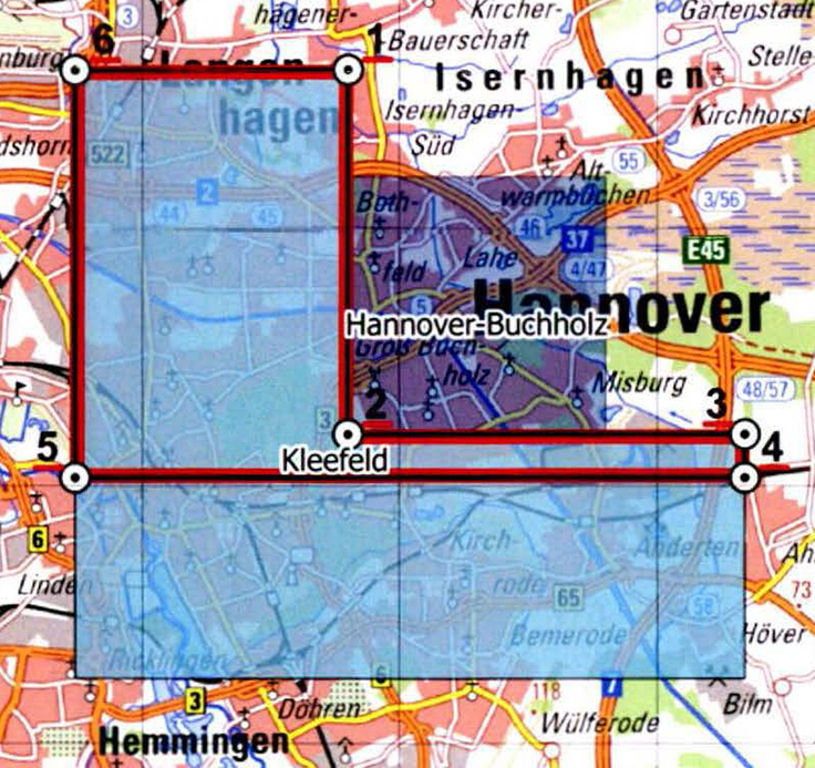 Das neu zugeschnittene Erlaubnisfeld Kleefeld I (rote Umrandung) umfasst nicht mehr die Hannoverschen Stadtteile zwischen Linden und Anderten.