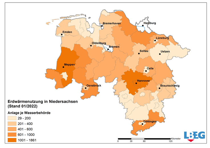 Installierte Erdwärmeanlagen je Untere Wasserbehörde in Niedersachsen mit Stand Januar 2022