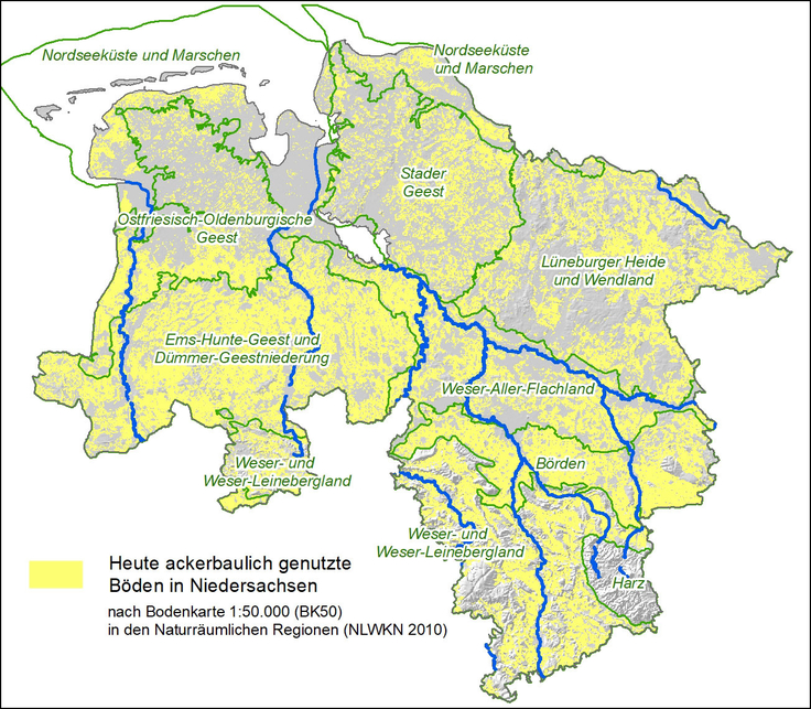 Verbreitung der „Ackerböden“ in Niedersachsens Naturräumlichen Regionen.