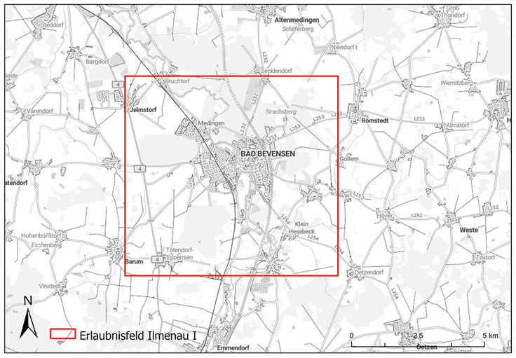 Auf einer nahezu quadratischen, knapp 60 Quadratkilometer großen Fläche rund um die Stadt Bad Bevensen erstreckt sich das Erlaubnisfeld Ilmenau I.