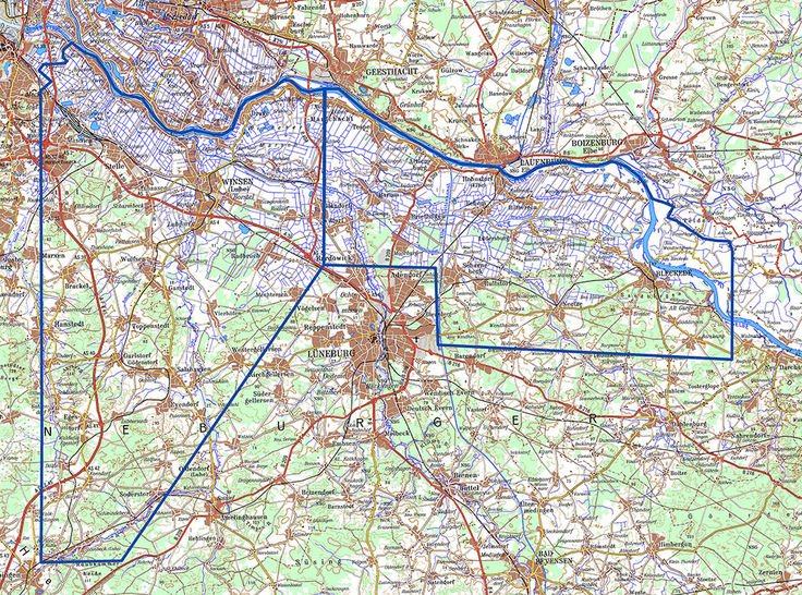 Das Befliegungsgebiet südlich der Elbe spart das Stadtgebiet von Lüneburg aus.