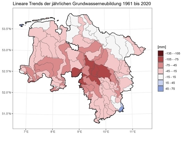 Lineare Trends der Grundwasserneubildung 1961 bis 2020 nach Grundwasserkörpern.
