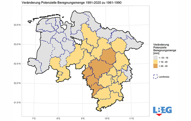 Vor allem in den zentralen Landesteilen Niedersachsens ist eine Zunahme der potenziellen Beregnungsbedürftigkeit im Vergleich der Zeiträume 1991-2020 zu 1961-1990 erkennbar. Dabei spielen die vergangenen Trockenjahre eine große Rolle.