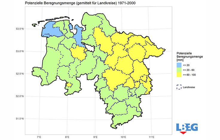 Im Zeitraum 1971-2000 stellt sich die potentzielle Beregnungsbedürftigkeit noch moderat dar.