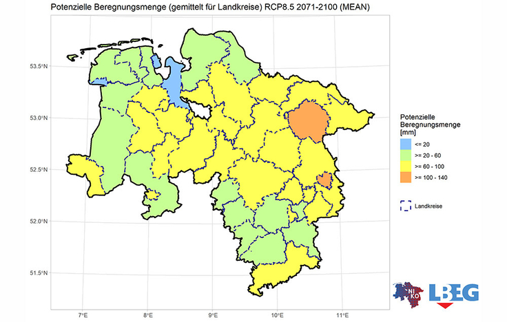 In allen Landkreisen steigt die potenzielle Beregnungsbedürftigkeit in der fernen Zukunft (2071-2100) im „Kein-Klimaschutz-Szenario“ im Vergleich zu 1971-2000 an. Die Bereiche mit hoher bis mittlerer potenzieller Beregnungsbedürftigkeit weiten sich