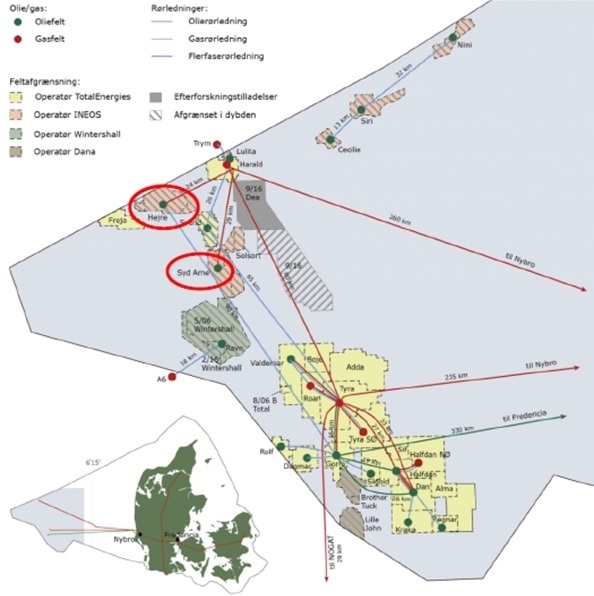 Öl- und Gasfelder im westlichen Teil der dänischen AWZ der Nordsee.