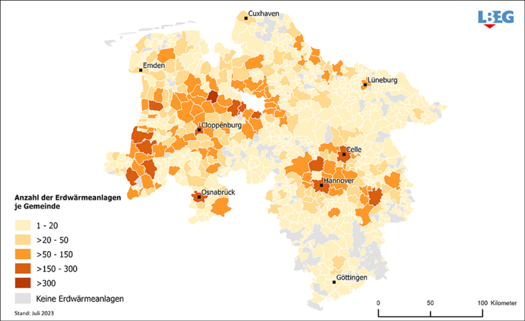 Vor allem in der Mitte und im Westen Niedersachsens sind bereits viele Erdwärmeanlagen installiert.