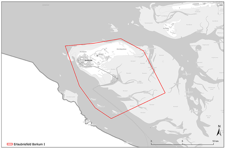 Das rot eingegrenzte Erlaubnisfeld „Borkum I“ umfasst die Nordseeinsel selbst und südöstlich angrenzende Bereiche des Wattenmeers.