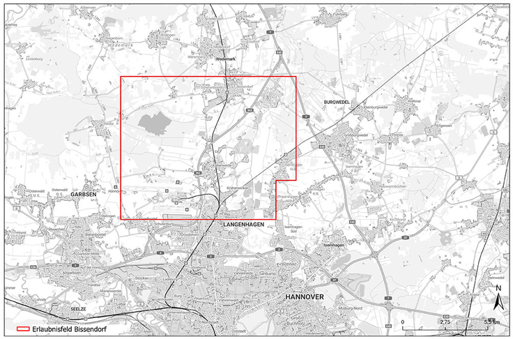 Das rot eingegrenzte Erlaubnisfeld „Bissendorf“ erstreckt sich von Langenhagen bis Bissendorf und umschließt unter anderem Kaltenweide und den Flughafen Hannover.