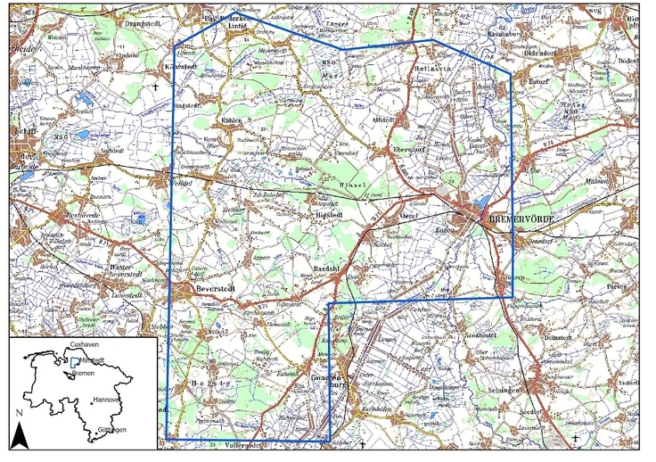 Das Befliegungsgebiet reicht von Bad Bederkesa im Norden bis Gnarrenburg im Süden so-wie von Beverstedt im Westen bis Bremervörde im Osten.