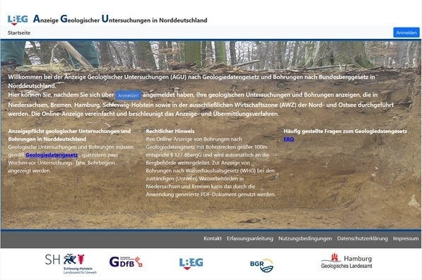 Startseite der „Anzeige Geologischer Untersuchungen in Norddeutschland“.