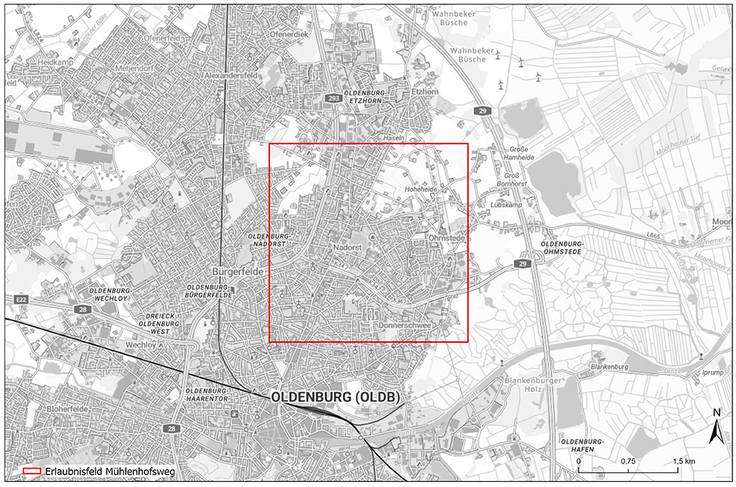 Das rot eingegrenzte Erlaubnisfeld „Mühlenhofsweg“ erstreckt sich im Nordosten von Oldenburg über die Stadtteile Nadorst, Ohmstede und Donnerschwee.