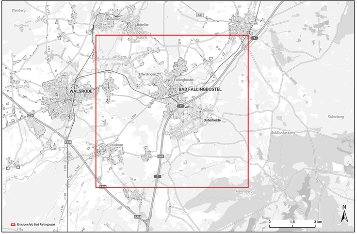 Das rot eingegrenzte Erlaubnisfeld „Bad Fallingbostel“ erstreckt sich rund um die Kreisstadt und berührt auch Bereiche von Walsrode und Osterheide.