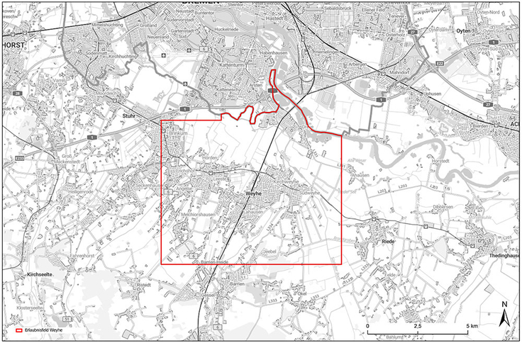Das rot eingegrenzte Erlaubnisfeld „Weyhe“ erstreckt sich südlich von Bremen rund um Weyhe und berührt Brinkum, Barrien und Riede.