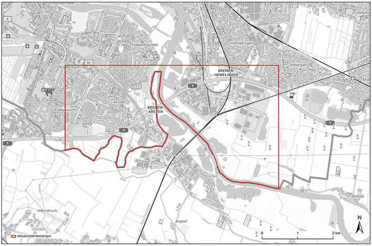 Das rot eingegrenzte Erlaubnisfeld „Hemelingen“ erstreckt sich im Süden von Bremen links und rechts der Weser über die Stadtteile Hemelingen und Obervieland.