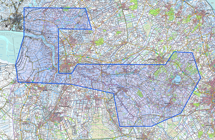 Das Einsatzgebiet (in blau) der aktuell geplanten Befliegungen in den Landkreisen Emden, Leer, Aurich, Cloppenburg und Ammerland.