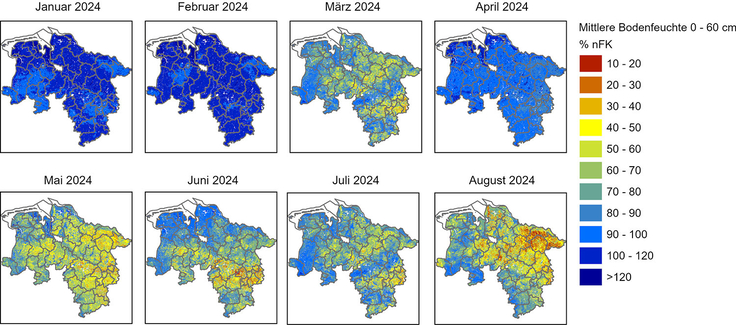 Mittlere monatliche Bodenfeuchte der Böden (0 – 60 cm) in Niedersachsen für das Jahr 2024, ausgewertet mit den Daten aus dem NIBOFID.