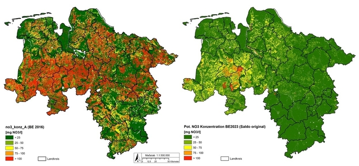 Die berechnete Nitratkonzentration im Sickerwasser hat sich von 2016 (links) bis 2023 deutlich verringert.
