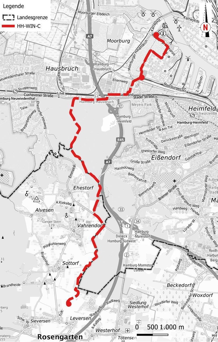 Der geplante Verlauf der Wasserstoff-Anbindungsleitung HH-WIN-C70.