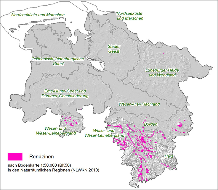 Die Verbreitung der Rendzinen in Niedersachsen.