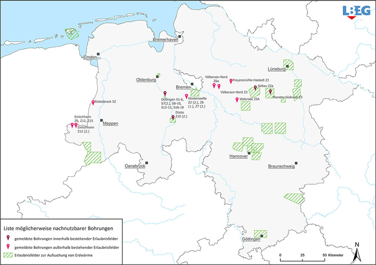 Das LBEG veröffentlicht in regelmäßigen Abständen eine Kartenübersicht über Bohrungen, die möglicherweise in naher Zukunft für Tiefengeothermie-Projekte nachgenutzt werden können.