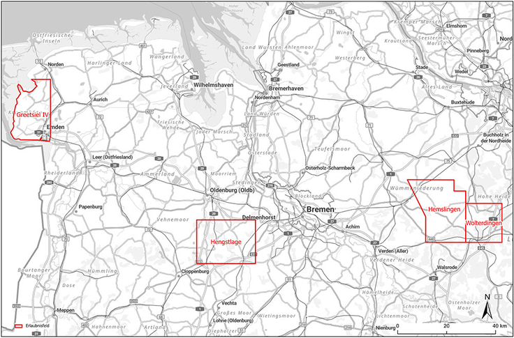 Die vier Erlaubnisfelder zur Aufsuchung von Lithium liegen an der Emsmündung, zwischen Oldenburg und Cloppenburg sowie zwischen Soltau und Rotenburg (Wümme).