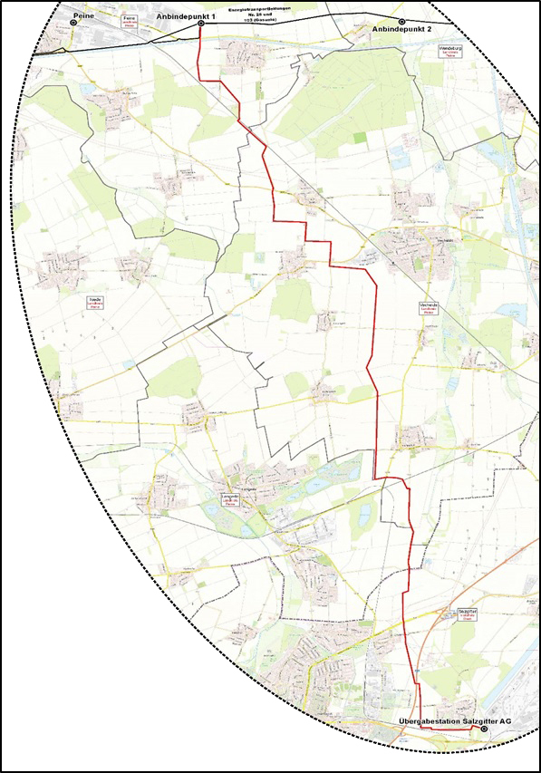 Der geplante Verlauf der Wasserstoffleitung ETL 186 von Peine nach Salzgitter.
