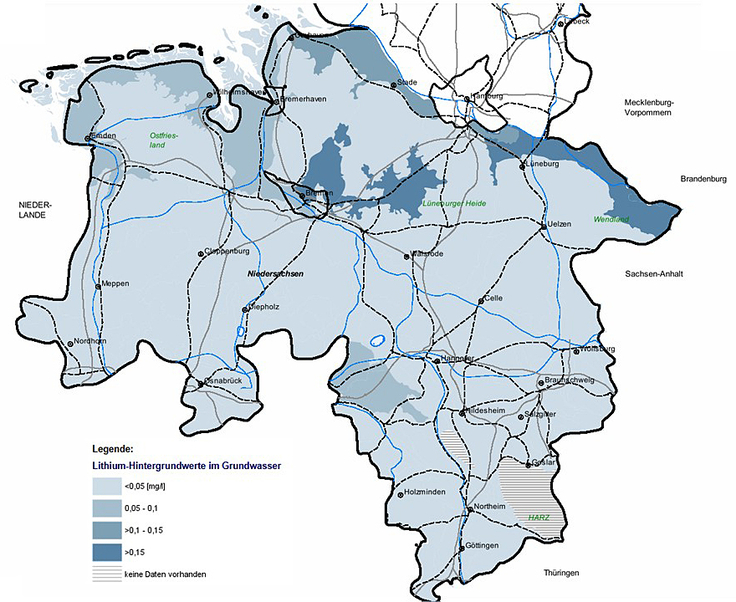 Die neue Karte zeigt die Lithium-Konzentration im oberflächennahen Grundwasser in Niedersachsen.