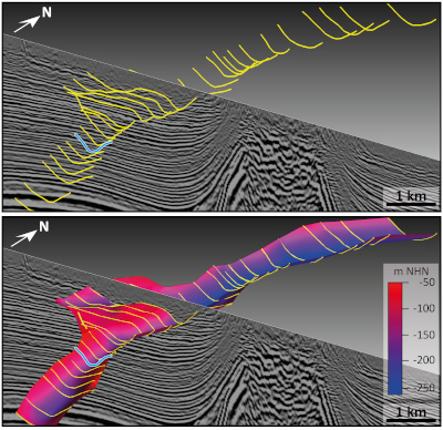 Ausschnitt aus einer 3D-Seismik mit interpretierten Linien einer subglazialen Rinne mit einer Tiefe von -250 m, aus denen eine Protofläche für die Modellierung der Rinne generiert wurde