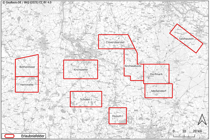 Die zehn Erlaubnisfelder liegen in einem breiten Gürtel zwischen Cloppenburg und Lüneburg.
