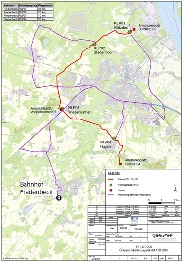 Die Übersicht zeigt den geplanten Verlauf der Energietransportleitung „ETL 179.200 Bützfleth-Deinste“ sowie die Transportrouten.