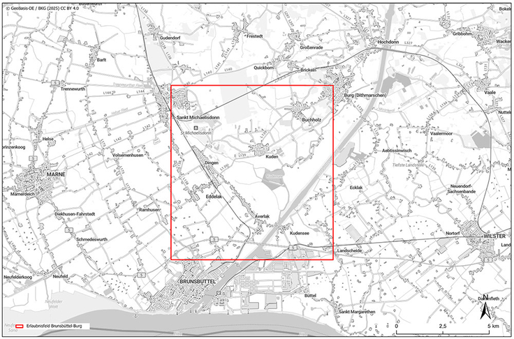Das Erlaubnisfeld „Brunsbüttel-Burg“ erstreckt sich zwischen den beiden gleichnamigen Ortschaften, Sankt Michaelisdonn und Landscheide.