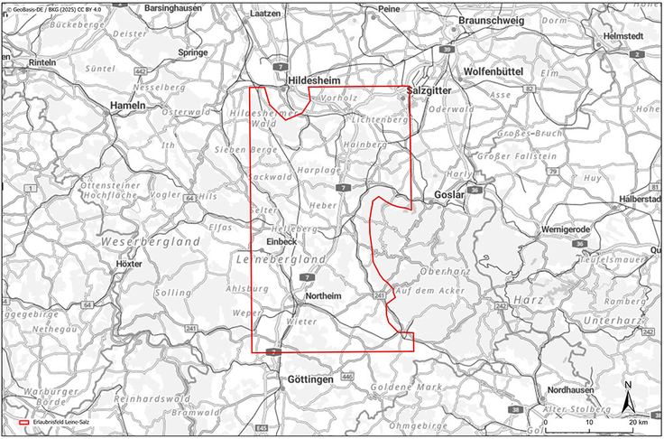 Das rot eingegrenzte Erlaubnisfeld „Leine-Salz“ erstreckt sich von Herzberg im Südosten bis Hildesheim im Nordwesten.