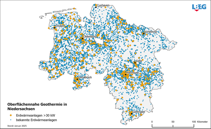 Rund 26.600 Erdwärmeanlagen gibt es in Niedersachsen, davon etwa 650 Großanlagen mit einer Heizleistung von mehr als 30 Kilowatt.