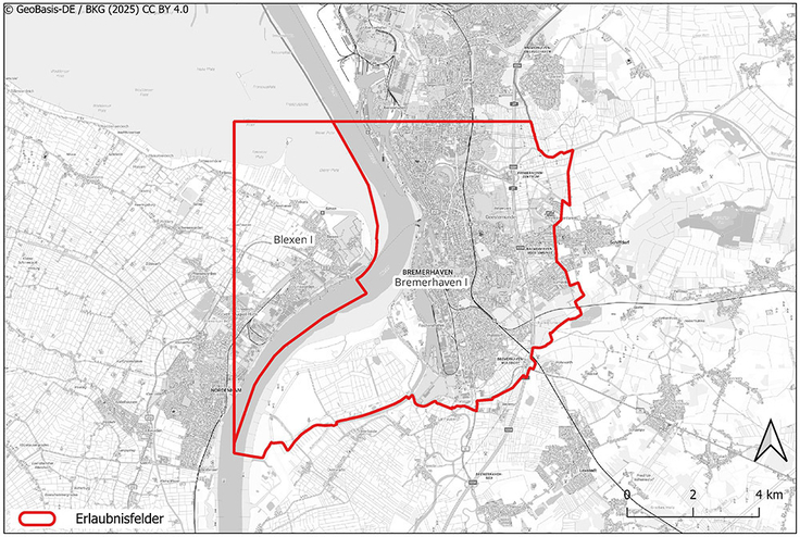 Die Erlaubnisfelder Blexen I und Bremerhaven I liegen beidseitig der Wesermündung und erstrecken sich über Teile von Nordenham und Bremerhaven.
