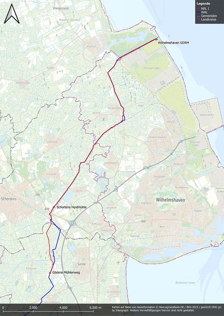 Die Karte zeigt den Verlauf der Leitung von Wilhelmshaven nach Dykhausen.