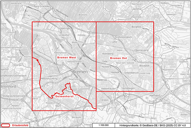 Die Grafik zeigt eine Karte mit den drei Erlaubnisfeldern Delmenhorst, Bremen-West und Bremen-Ost.