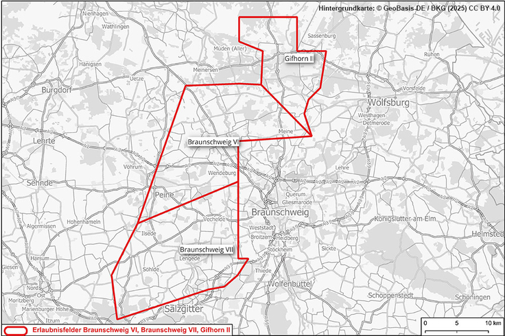 Die Grafik zeigt eine Karte mit den drei Erlaubnisfeldern Braunschweig VI, Braunschweig VII und Gifhorn II.