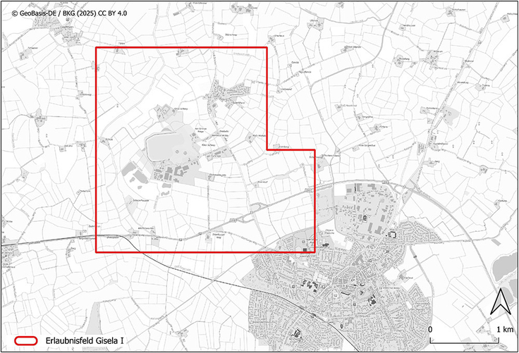 Das Bild zeigt eine Karte mit dem Erlaubnisfeld Gisela I nordwestlich von Jever.
