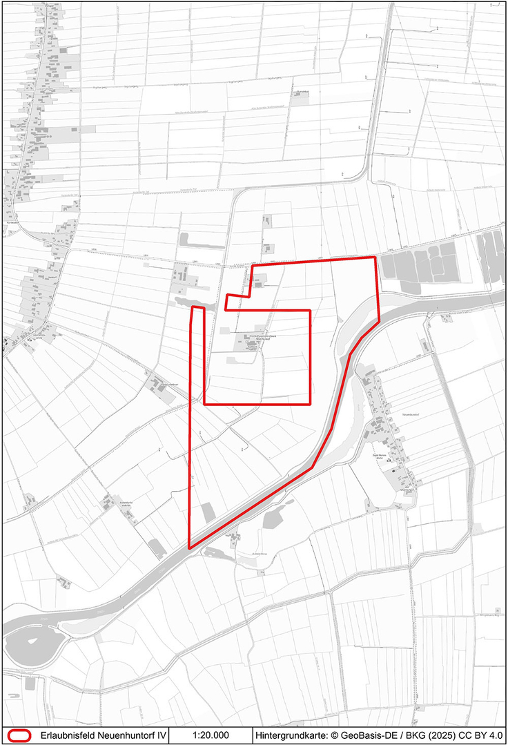 Die Karte zeigt die Umrisse des Erlaubnisfeldes Neuenhuntorf IV.