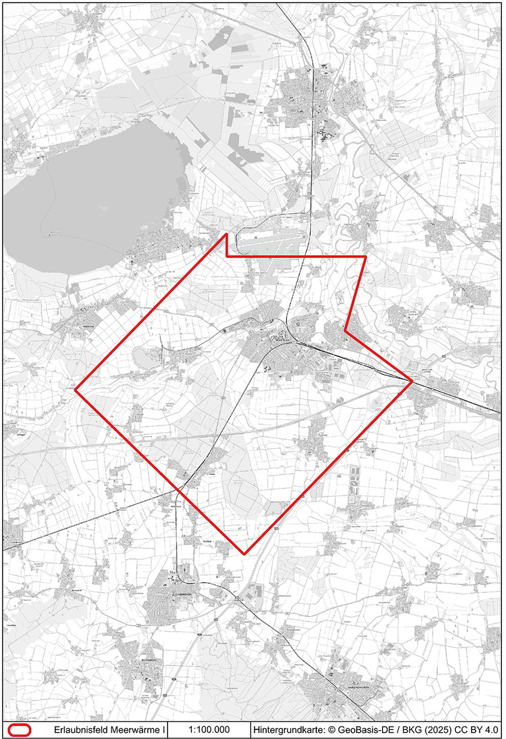 Die Karte zeigt das Erlaubnisfeld Meerwärme I, das sich rund um Wunstorf erstreckt.