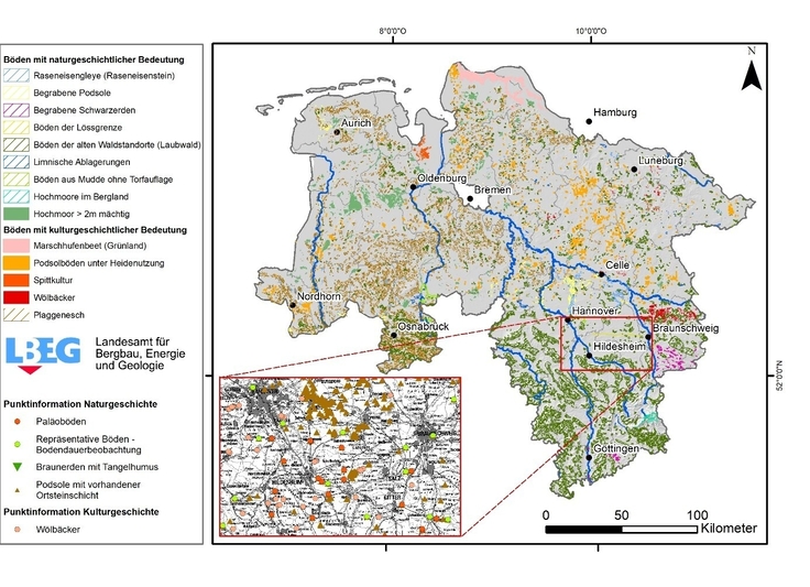 Die Karte zeigt flächen- und punkthafte Informationen zu Böden mit natur- und kulturgeschichtlicher Bedeutung in Niedersachsen, detailliert lässt sie sich auf dem NIBIS®-Kartenserver finden.