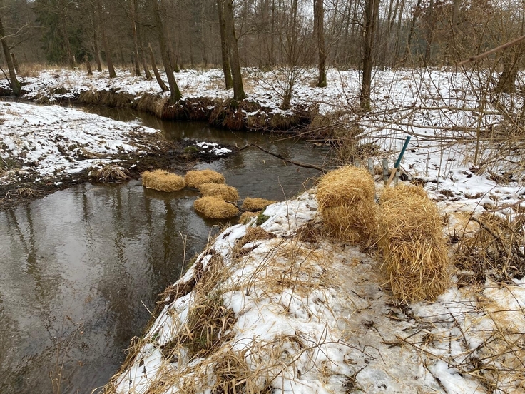 Das Bild zeigt Heuballen, die in einem Bach liegen.