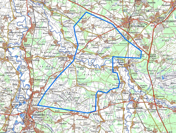 Die Bild zeigt eine Karte mit dem blau umrandeten Befliegungsgebiet.